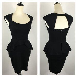 BEBE Black Peplum Tulip Skirt Cut Out Back Stretch Fitted Dress
